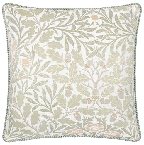Morris&Co. Acorn Feather Rich Filled Cushion – Piped Jacquard Woodland Pillow with Rope Trim (Stone/Sage - 55x55cm)
