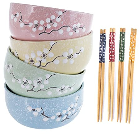lachineuse - Coffret 4 Bols Japonais Fleurs de Cerisier Zen ⌀ 10,5 cm - Bols à Riz, Poke Bowl, Petit Déjeuner & Soupe - 4 Paires de Baguettes - Bol Asiatique Japon Asie - Cadeau Vaisselle Japonaise