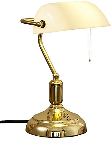 Lámpara de Escritorio de banquero de Vidrio Blanco, clásica, Retro, LED, de latón Vintage, con Interruptor de Cadena, enchufable, para mesita de Noche, para casa, Oficina, Dormitorio, Estudio (Oro bl