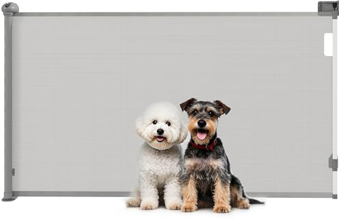 PawHut Barrière de sécurité Chien rétractable, Largeur 149 cm, Filet de Protection Extensible, barrière d'escalier et de Portes pour Chien Verrouillage Automatique, Gris