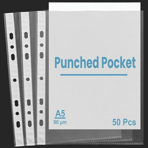 Fundas Plastico A5 Funda Transparentes Perforada Portafolios - Granulado Superior Abierto con 7 Taladros, Perfectas para Proteger Papel, Archivos y Documentos 50 Pcs