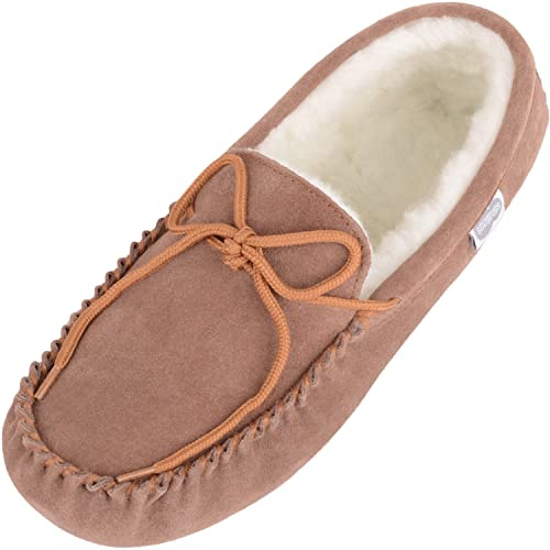 SNUGRUGS Womens Lambswool Moccasin Slippers with Suede Sole, Light Brown, UK 6