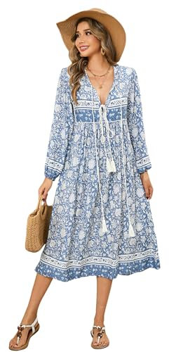 R.Vivimos Women's Casual Bohemian Print Neck Tie Long Sleeve Beach Style Long Midi Dress Vacation Dress(Large,LightBlue)