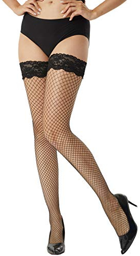 MANZI Fishnet Hold Up Stockings - Women Lace Net Stockings Lingerie Sexy,Black,M