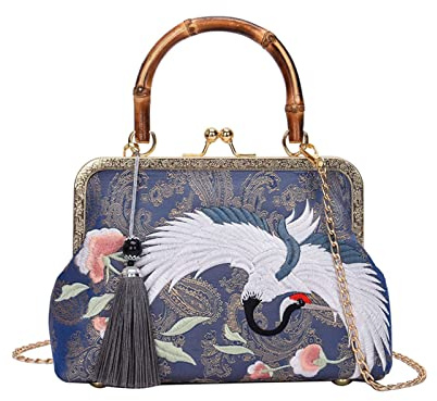 YeBon Retro Shoulder Chain Messenger Clutch Chinese Style Crane Embroidered Jacquard Women's Evening Bags Bamboo Handle