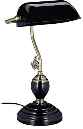 Relaxdays Bankerlampe, neigbarer Glasschirm, Holzfuß, E27-Fassung, Schreibtischlampe Retro, Bibliothekslampe, schwarz, 44 x 26 x 19 cm
