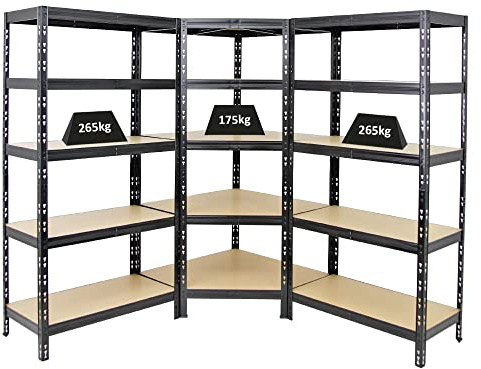 PROREGAL Mega Deal 1x Étagère d'angle + 2X Étagère Charge Lourde Tiger | HxLxP 180x90x45cm | Capacité de Charge 175kg + 265 kg | Noir | Étagère Robuste de Garage, Atelier, Cave, sous-Sol