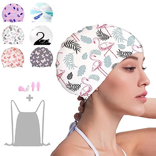 Crazy Bean Silikon Badekappe Damen Schwimmkappe mit Ohrstöpsel und Nasenklemme Dehnbare Bequeme für langes Haar Mode Swim Cap(Flamingo-Weiß)