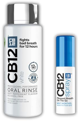 CB12 White Mouthwash, Whiter Teeth After 2 Weeks, Pleasant Breath for 12 Hours, 250 ml & CB 12 Spray – Instant Freshness on The Go, Reduces The Root Cause of Bad Breath, with Zinc Acetate