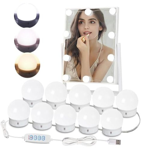 Mirror Lights, Hollywood Makeup Mirror Light with USB Power Cord, 3-Color Dressing Table Lights, Bath Mirror Lamps 10 Level Adjustable (Type A-10 Bulbs)
