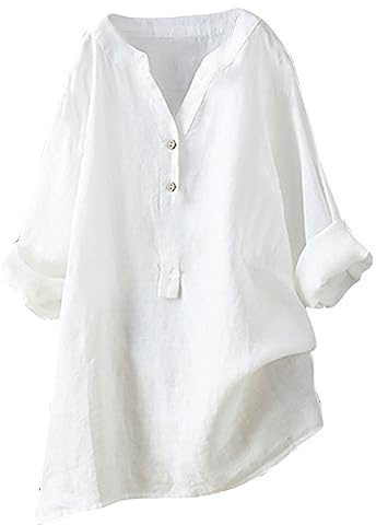 Camicia Donna Cotone Manica Lunga Top Donna Cotone e Lino Camicette Donna Eleganti Blusa Curvy Sexy Tops Tinta Unita Casual Lunga Camicia Lino Estiva T-Shirt Maglietta Camicetta Scollo a V Linen