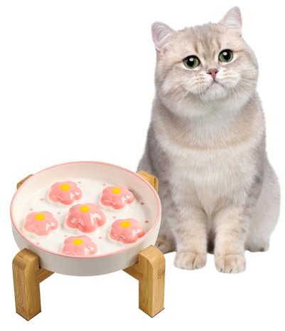 Ciotola Ceramica Gatto Rialzata con Supporto in Bambù Antiscivolo - Antivomito e Anti Ingozzamento per Mangiare Lento - Fiori Rosa