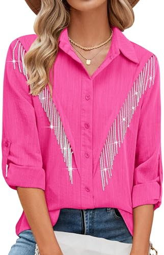 MYMORE Womens Rhinestone Fringe Button Down Shirt Rolled 3/4 Sleeve Sparkly Top Concert Nashville Western Cowgirl Outfit, B_Pink, XXL