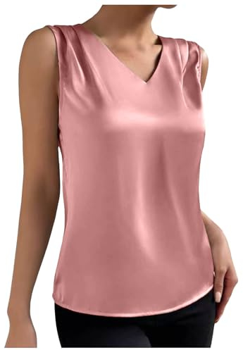 Blusa Gasa Mujer sin mangas de satén de Color sólido informal con cuello en V de verano para mujer Top sin mangas sencillo a la moda Camiseta Mujer Beisbolera