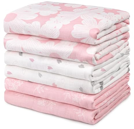 GLLQUEN BABY Receiving Blanket Boy Cotton Muslin Swaddle Blankets Girl Newborn Squares Breathable & Soft Thin Baby Blankets Cloths Double Absorbent Infant Swaddling Wrap - 6 Pack (Rosebud)