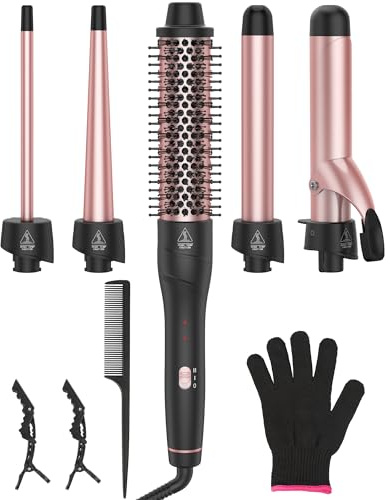 ANIEKIN 5 in 1 Curling Iron Set, Fast Heat Up Curling Wand from 3/8 to 1 1/4 Inch and a Thermal Brush Come with, Dual Voltage Hair Curler for Women All Hair Types and Travel Use, Gifts for Women