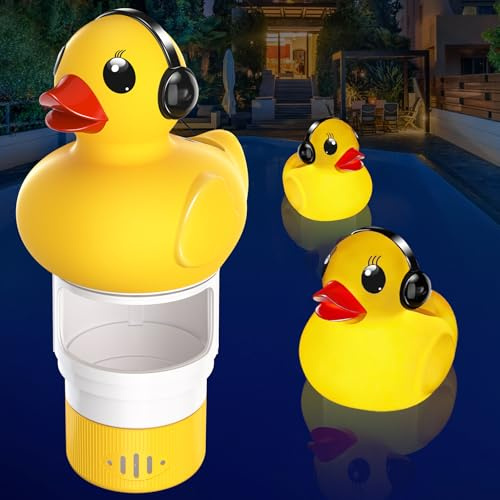 KingSom Dosificador Cloro Piscina, Patito Dispensador Flotante de Cloro Regulable con Luces Solar, Dispensador Cloro, Fácil Apertura Dosificador Flotante de Gran Capacidad, Flotador Cloro para Piscina
