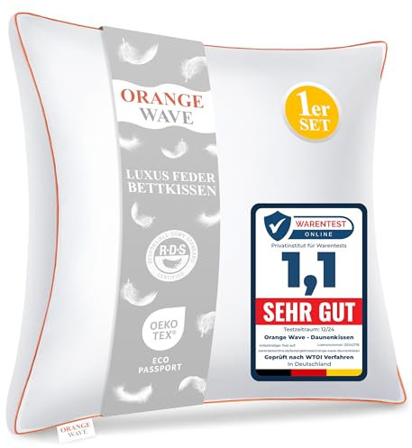 Orange Wave Almohada de plumas de 60 x 60 cm, 1 almohada de plumón y plumas, RDS y Öko-Tex, para un máximo apoyo y una comodidad lujosa para dormir