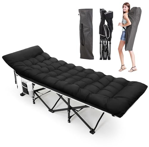 Warmiehomy Oversized Camp Bed for Adults with Thick Pad, Folding Camping Cot with Carry Bags, Durable Sturdy Travel Cot, Portable Tent cot for Fishing, Hiking, Truck, Beach, Supports 616 lbs (Black)