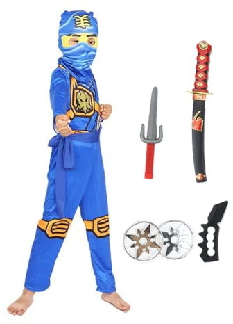 Costume de guerrier Ninja pour garçon avec masque d'armes et accessoires (bleu, 150)