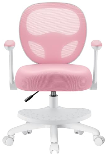 Kids Desk Chair Ergonomic Study Chair with Flipped Armrest and Footrest Adjustable Height Swivel Kids Computer Chair Mesh Desk Chair for Boys Girls Children at Home Bedroom Study RoomPink