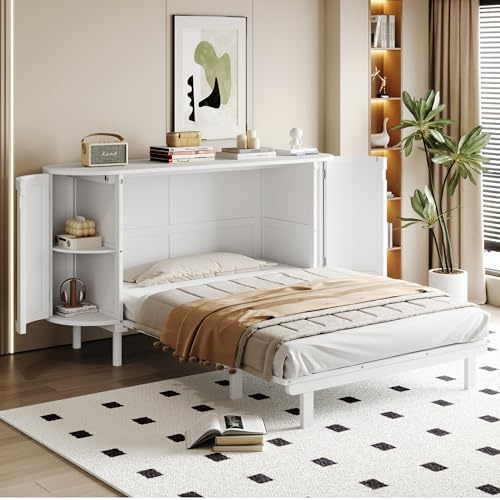 LAKFEW Cama Abatible Camas Juveniles Cama 140x200 cm con Diseño Tipo Armario y Estante Almacenaje, Camas Matrimoniales Murphy Bed que Ahorra Espacio, Soporte de Listones de Madera, Blanco, Sin Colchón