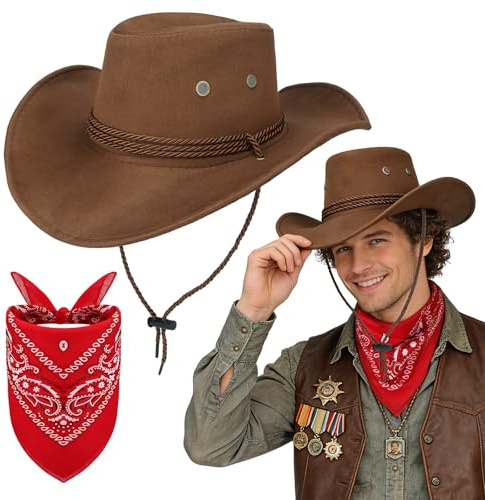 Saier tbo 2 stycken cowboyhatt & bandana-set, västerländsk cowboy kostym tillbehörssats med cowboyhattar paisley-bandana för män kvinnor karneval halloween västtemafest cosplay