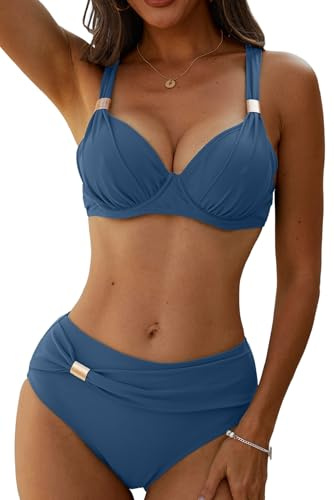 Yutdeng Bañador Dos Piezas Mujer Braga Alta Bikini Push Up con Aros Bikinis Reductor Barriga Talle Alto Vientre Plano con Pliegue Traje De Baño Mujer 2 Piezas Ropa de Baño Biquini,Azul Marino,XXL