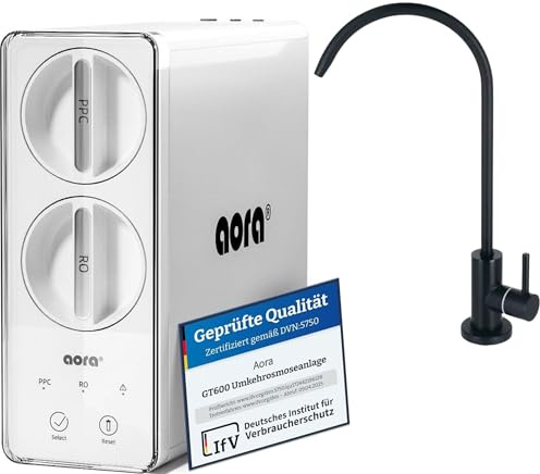 AORA GT600 omvänd osmos, underbord – tankllöst dricksvattenfilter – 8 stegs filtrering RO-system – 1-vägs kran – 3 sekunder filterbyte – Osmosanläggning rent vatten | SOFIA svart