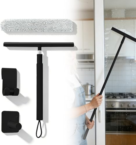 Duschskrapa långt skaft 30–120 cm, justerbar duschskrapa med hållare, duschskrapa med sugkopp, vattenskrapa golvskrapa fönsterskrapa för glas kakel fönster spegel (svart)
