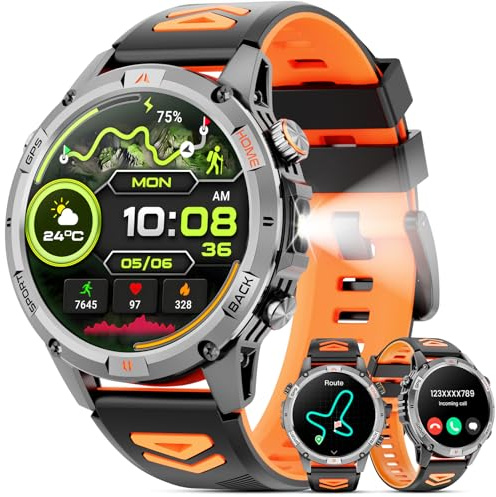 Joautrial Smartwatch Uomo Militare, 1,46 HD Orologio GPS con LED Torcia, Bussola,100+ Modalità Sportive Smart Watch, Monitoraggio della Salute,Impermeabile IP68, Chiamate Bluetooth per Android iOS