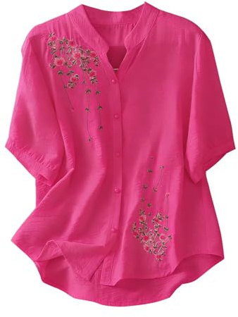 Camicetta Estiva da Donna Curvy Elegante Blusa con Bottoni Manica Corta Basic Tshirt Casual Camicia Vintage Scollo a V Shirt Tops Leggero Fantasia Maglia Boho Camicetta Ricami