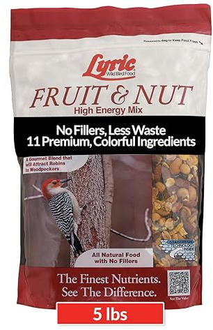 Lyric Fruit and Nut Wild Bird Seed - High Energy Wild Bird Food Mix - Attracts Woodpeckers, Chickadees & Other Songbirds -5 lb. Bag