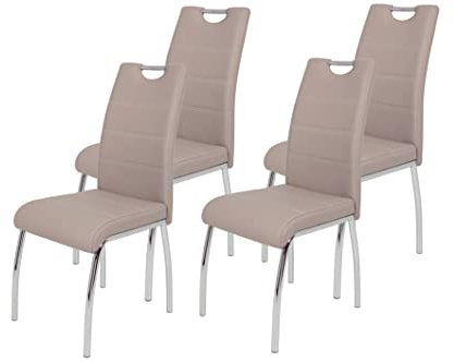 Hela Tische, 4er Set Esszimmerstuhl Susi, Bezug Kunstleder Cappuccino, Griffmulde, Metallgestell Chrom, 43 x 61 x 98 cm