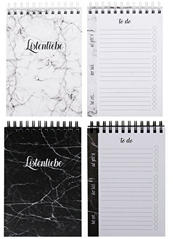 Montagsliebe® To Do Liste Doppelpack, 2 Stück, insgesamt 200 Seiten, Marmor-Design schwarz + weiß, DIN A6, Bundle Paar, Notizblöcke, Blöcke zum Abhaken, Ringbuch