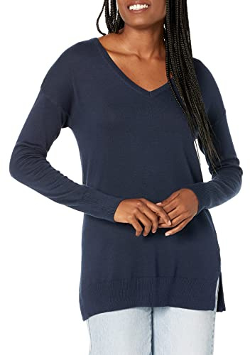 Amazon Essentials Maglione A Tunica Leggero A Maniche Lunghe Con Scollo A v (Disponibile In Taglie Forti) Donna, Blu Marino, XL