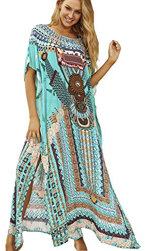 LikeJump Donna Boemia Stampato Caftan Abito da Spiaggia Maxi Parei Copri Bikini Costume da Bagno Cover Up