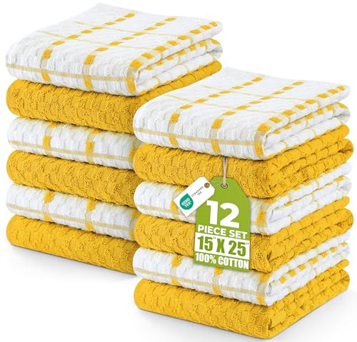 Utopia Towels -12 Kitchen Towels Set - 38 x 64 cm - 100% Ring Spun Cotton Super Soft and Absorbent Dish/Tea Towels and Bar Towels (Yellow)