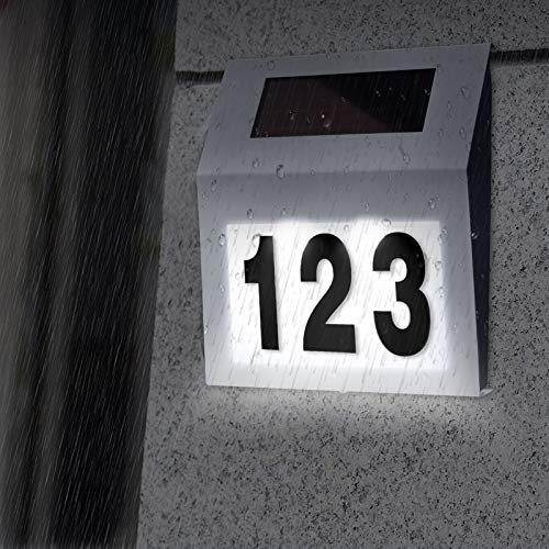 Aufun Hausnummer Beleuchtet Solar Hausnummernleuchte mit 2 LEDs Beleuchtung, Solarhausnummer Beleuchtete aus Edelstahl mit Dämmerungsschalter und Silizium- Solar-Panel für außen, Silber