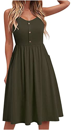 Yageshark Robe d'été pour femme, couleur unie, spaghetti, spaghetti, longueur genou, ligne A, boutonnée, robe midi, vert, S