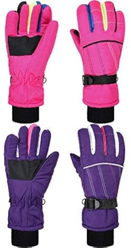 Geyoga 2 Paia Guanti da Sci per Bambini Muffole da Snowboard Impermeabili Manopole da Neve Invernale Sport (3-6 anni, Viola, Rosa)