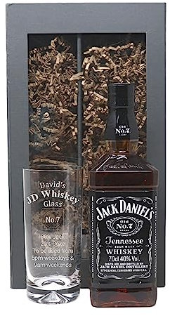 Regalo Personalised Dimple Highball Glass & Bottle of Whiskey - JD% Design (Tennessee Whiskey 70cl, Presentation Gift Box)