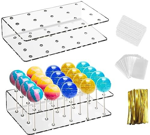 ZIOYA 2 Stück Cake Pop Ständer mit 100 Cake Pop Stiele + 100 Twist Krawatten und 100 Süßigkeiten Tüten 20 Löcher Lollipop Halter Ständer für Halloween Geburtstag Hochzeit Weihnachten