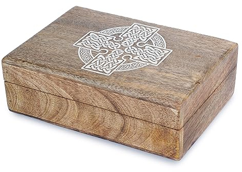 Ajuny Boîte à Bijoux en Bois Fait Main 20 x 13 cm – Coffret Décoratif Croix Celtique Sculptée, Coffre au Trésor Vintage pour Rangement de Souvenirs, Organisateur Cadeau pour Chambre et Salon