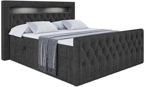 ALTDECOR Boxspringbett mit Matratze und Lattenrost, LED Boxbett, Topper, Fußteil, Polsterbett mit Bettkasten, Bett mit Stauraum H3-Matratze, Doppelbett - Aurora - 200x200 - Schwarz Samt