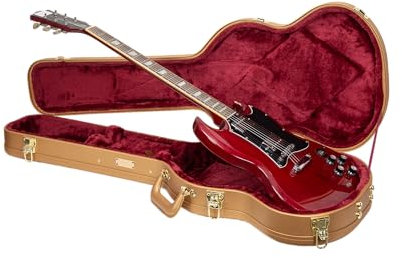 Crossrock Designer Series E-Gitarrentasche aus Holz für Gibson SG | Luxuriöses goldfarbenes Kunstleder, burgunderroter Samt innen, Schloss – Premium-Hartschale, Goldfarben, SG Electric, Gitarre