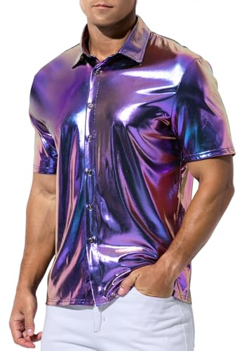 Casey Kevin Chemise Paillette Homme Métallique Brillante T-Shirts à Manches Courtes Disco Costume Fête Costume Haut Sequin