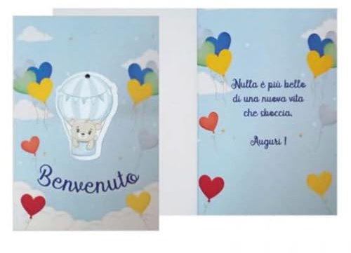 Biglietto di Nascita BENVENUTO - Con Ciondolo in Legno a forma di Mongolfiera con Orsetto - Azzurro - PRODOTTO IN ITALIA - biglietto di auguri completo di busta - ideale per accompagnare il regalo