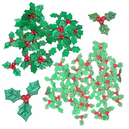 200 Pcs Christmas Holly Berries Embellishment, 3.5 cm, 5cm Mini Triple Leaf Holly Berries, Sequins Holly Berries Artificial Holly Leaves for Christmas Wreath, Gift Tags, Table Decorations