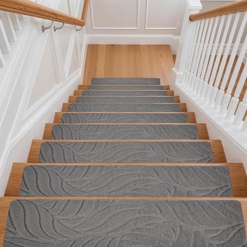 M.J COMFY-LIFE Stair Tread Pads Stair Mats Carpet Non-slip Step Protectors Reusable Stair Runner Rugs Covers Stair Protection Mats for Home Indoor Pets Kids Elders (Grey-Leaf Print, 15pcs-65x20cm)